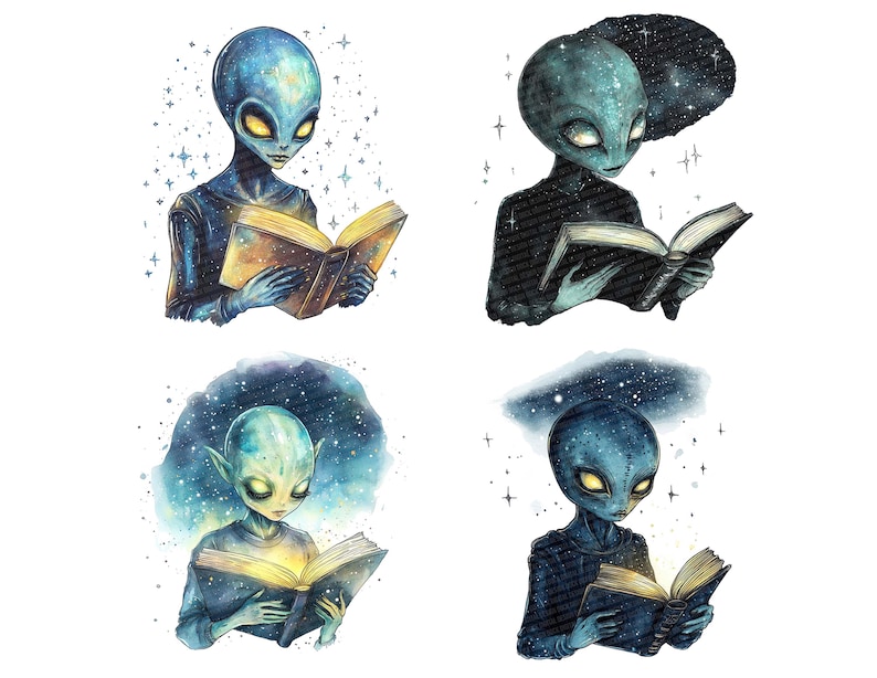 Alien Clipart, 12x Starry Night Reading Alien PNG Clip Art Set ...