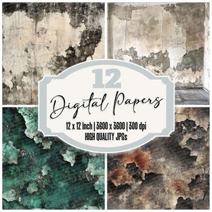 12 Vintage Grunge Digital Papers, Aged Peeling Plaster Junk Journal Paper, Weathered Wall Textures,Dark & Moody Backgrounds,Printable Papers