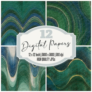 May include: A collection of 12 digital papers featuring abstract wave patterns in shades of green and blue with gold accents. The text reads 12 Digital Papers, 12 x 12 Inch | 3600 x 3600 | 300 dpi, and HIGH QUALITY JPGs.