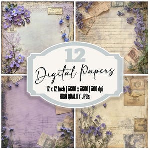 12x Lawendowy znaczek pocztowy Junk Journal Paper Pakiet papieru cyfrowego Vintage Floral Backgrounds Papier do druku Wysokiej jakości pliki JPG Papier do scrapbookingu
