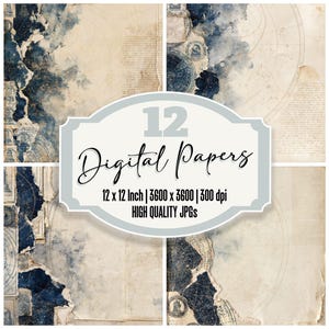 May include: A set of 12 digital papers featuring vintage-style celestial maps and aged parchment textures in shades of deep navy blue and cream. The text reads 12 Digital Papers, 12 x 12 Inch, 3600 x 3600, 300 dpi, and HIGH QUALITY JPGs.
