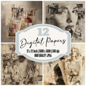 12 étiquettes de mode, papier pour journal indésirable, collage vintage, paquet de papier numérique, Texture grunge, JPG de haute qualité, téléchargement de papier pour scrapbooking