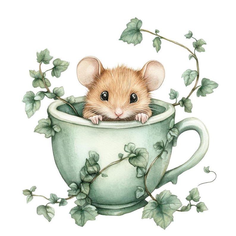 Mouse In Teacup Mouse in Ivy Teacup PNG Clip Art, 12 Cute Mouse Clip Art Set, Printable ...