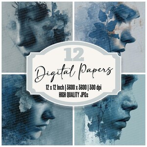 12 x Portrait triste papier journal indésirable Texture florale fanée Pack de papier numérique Blue Emotion JPG haute qualité à télécharger