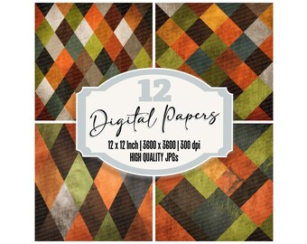 12 x Retro Diamond Junk Journal Paper Vintage Harlequin Digital Paper Distressed Argyle Backgrounds Printable Scrapbook Paper JPGs Download