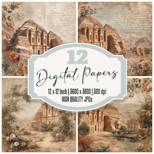 May include: A collage of four digital papers featuring a vintage aesthetic. Each paper showcases a sepia-toned landscape with ancient architecture, floral accents, and handwritten script. The central design element reads "12 Digital Papers" with size and quality details.