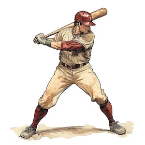 Giocatore di baseball vintage PNG Clipart, 12x set di clipart sportive ad acquerello, arte di baseball stampabile, artigianato di carta, download digitale, diario spazzatura