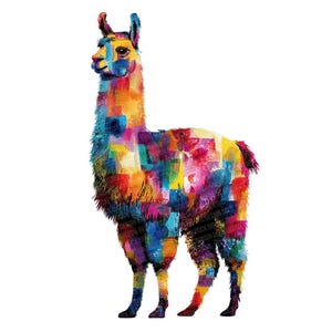 May include: A colorful illustration of a llama. The llama is depicted with a vibrant patchwork design, featuring a mix of blues, yellows, oranges, pinks, and purples. The artwork is set against a clean white background.