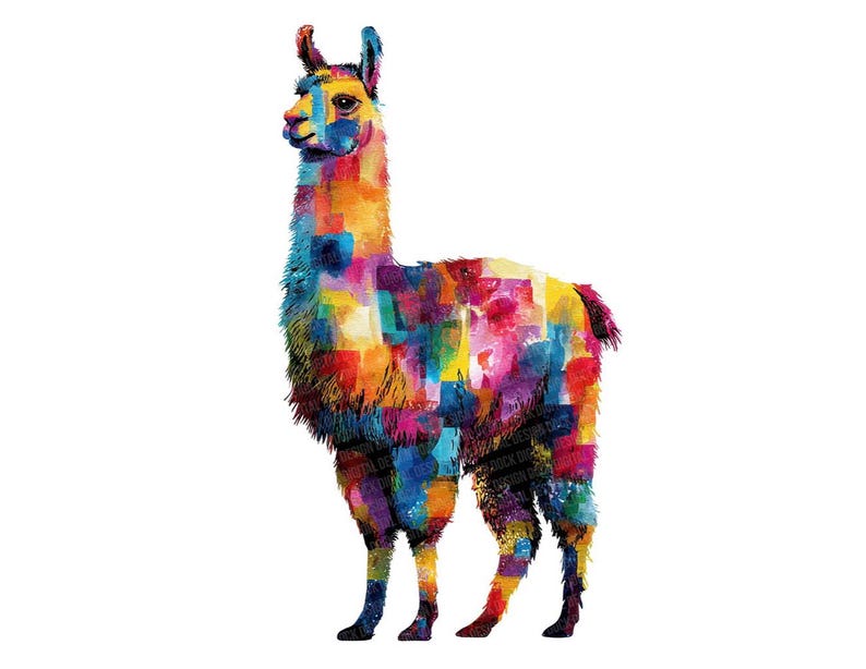 May include: A colorful illustration of a llama. The llama is depicted with a vibrant patchwork design, featuring a mix of blues, yellows, oranges, pinks, and purples. The artwork is set against a clean white background.