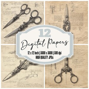 May include: Set of 12 digital papers featuring vintage illustrations of scissors on a beige background. The papers are 12 inches by 12 inches and 3600 pixels by 3600 pixels at 300 dpi.  The papers are high quality JPGs.