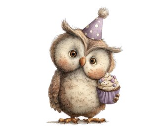 12x Owl Cupcake Clipart PNG, Watercolor Party Owls Illustration, Printable Birthday Digital Download, Scrapbooking, Transparent Background