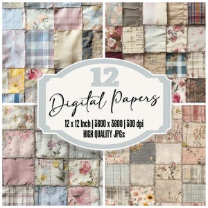 12x Patchwork Junk Journal Paper Vintage Quilt Digital Paper Pack Shabby Chic Floral Scrapbook Paper High Quality JPGs Digital Download Page
