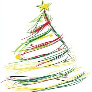 Puede incluir: Ilustraci&oacute;n caprichosa de un &aacute;rbol de Navidad con una estrella amarilla en la parte superior. El &aacute;rbol est&aacute; compuesto por pinceladas coloridas en verde, rojo, amarillo y negro, con peque&ntilde;os acentos de estrellas y c&iacute;rculos. El dise&ntilde;o est&aacute; sobre un fondo blanco.