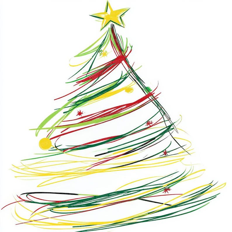 Puede incluir: Ilustraci&oacute;n caprichosa de un &aacute;rbol de Navidad con una estrella amarilla en la parte superior. El &aacute;rbol est&aacute; compuesto por pinceladas coloridas en verde, rojo, amarillo y negro, con peque&ntilde;os acentos de estrellas y c&iacute;rculos. El dise&ntilde;o est&aacute; sobre un fondo blanco.
