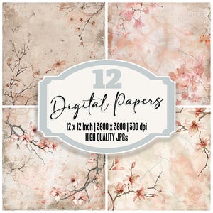 12x Cherry Blossom Digital Paper, Vintage Sakura Background, Japanese Floral Design, Distressed Texture, Scrapbook Paper, Digital Download
