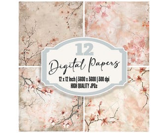 12x Cherry Blossom Digital Paper, Vintage Sakura Background, Japanese Floral Design, Distressed Texture, Scrapbook Paper, Digital Download
