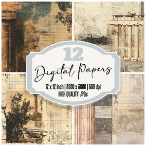 12x Athen Junk Journal Papier Ruinen Grid Digitales Papier Pack Hochwertige JPGs Antike Säule Textur Klassische Karte Scrapbook Hintergrund