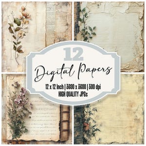 Paquete de 12 hojas de papel digital vintage con diseño de flores, manuscritos envejecidos, archivos JPG de alta calidad, fondos desgastados para álbumes de recortes.