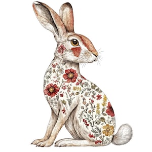 May include: A detailed illustration of a sitting rabbit with a floral pattern. The rabbit is depicted in shades of brown, tan, and white, with a cream-colored body adorned with red, yellow, and green flowers. The rabbit has long ears and a fluffy tail.