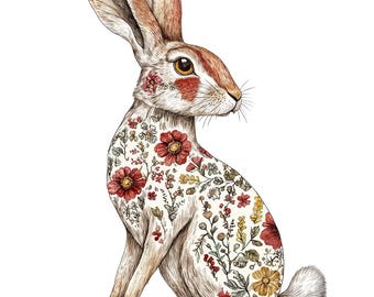 Folk Hare with Florals Clipart, 12 Floral Hares with Flower Designs Clip Art Set, Printable Clip Art, Digital Download, High-Quality PNG/JPG