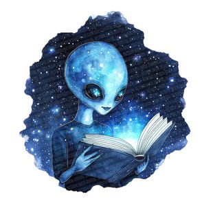 May include: A blue alien with large eyes reads a book that glows with a bright light. The alien is surrounded by a starry night sky.