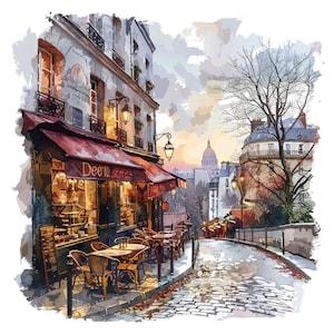 Paris Street Clipart, 12x Aquarell Französisch Cafe Szene, druckbare Europäische Architektur Kunst, transparenter Hintergrund, digitaler Download
