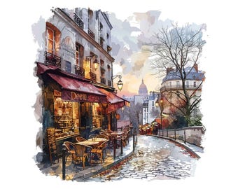 パリの街並みのクリップアート、水彩画風のフランスカフェ風景12点