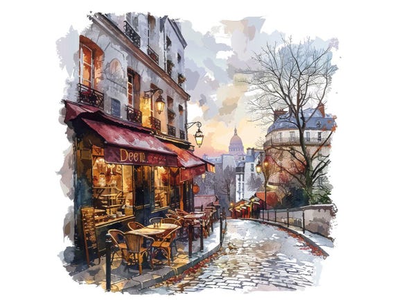 パリの街並みのクリップアート、水彩画風のフランスカフェ風景12点