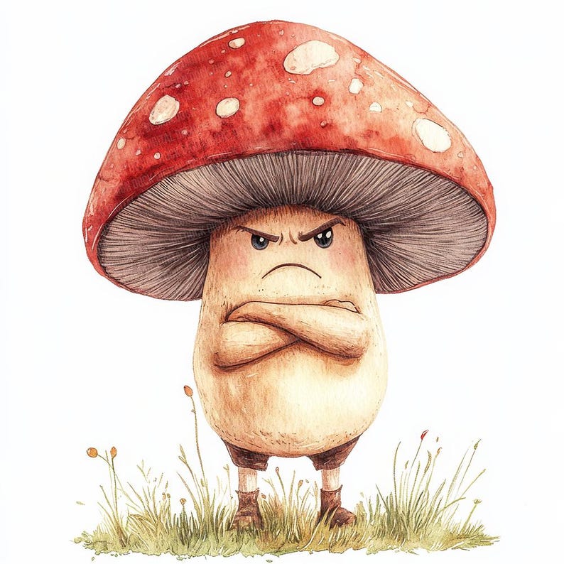 12x Angry Toadstool PNG Clipart, Watercolor Grumpy Mushroom PNG Set ...