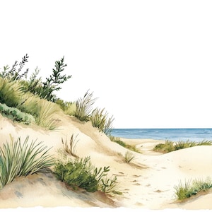 May include: A watercolor painting of a sandy beach with green grass and bushes growing on the dunes. The ocean is in the background, and the sky is white.