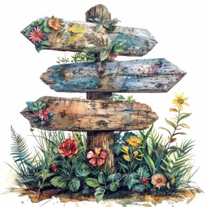 12 x wandelen wegwijzer clipart, houten bord jpg clipart, afdrukbare aquarel clipart, kunst aan de muur, papier ambachten, digitale download, ongewenste tijdschriften