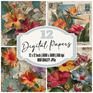 12x Reise Tag Bloom Spur Junk Journal Papier Hohe Qualität JPGs Blumen Collage druckbare Papier Hintergründe Digital Paper Pack