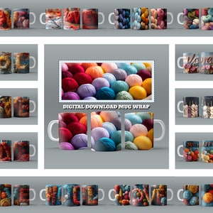 May include: A digital download of 12 different mug wraps featuring colorful yarn balls. The text "DIGITAL DOWNLOAD MUG WRAP" is in the center of the image.