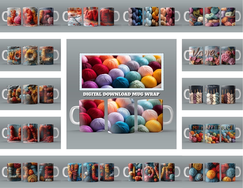May include: A digital download of 12 different mug wraps featuring colorful yarn balls. The text "DIGITAL DOWNLOAD MUG WRAP" is in the center of the image.