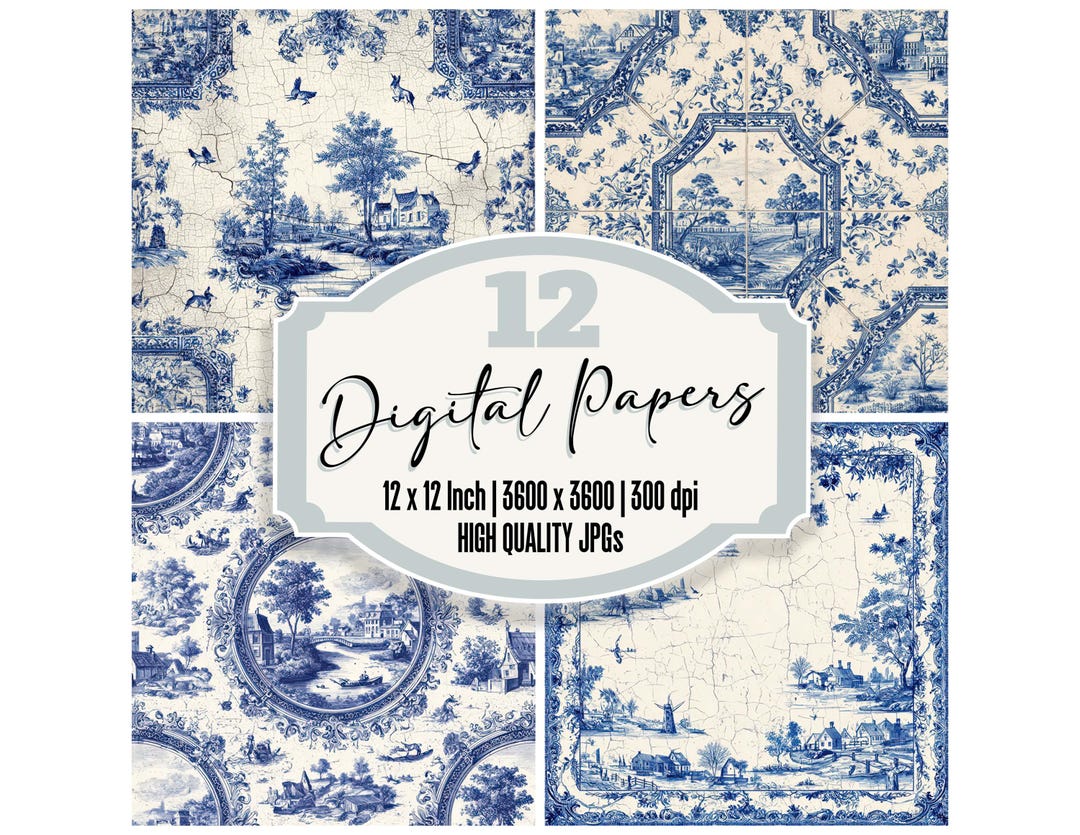 12x Delft Blue Pastoral Digital Paper Toile Pattern Junk Journal Paper ...