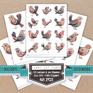 May include: Watercolor bird stickers on white paper. The birds are in various poses and feature pink, teal, and red details. The image includes text that reads "Fussy Cut Pages", "US Letter & A4 Sheets", "48 PCS", and "12 Pages".