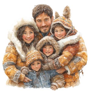 12 x clipart famille inuite, portrait d'hiver aquarelle, fichiers JPG de haute qualité, téléchargement numérique, fabrication de cartes, papiers numériques, clipart famille esquimau