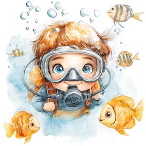 Scuba Diver Kid Clip Art, 12x Underwater Adventure Watercolor Clipart Set, Printable Watercolor Clip Art, Paper Crafts, Digital Download