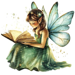 May include: Watercolor illustration of a fairy reading a book. The fairy has brown hair, pointed ears, and wears a green dress. She has large, blue wings with gold accents. The book is open, with glowing pages, and surrounded by golden stars.