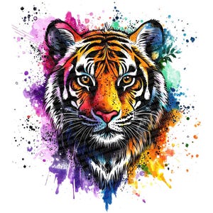 May include: A vibrant watercolor illustration of a tiger's face. The tiger features orange, black, and white stripes, with a pink nose and yellow eyes. The background is a splash of colorful paint, including purple, blue, and yellow.