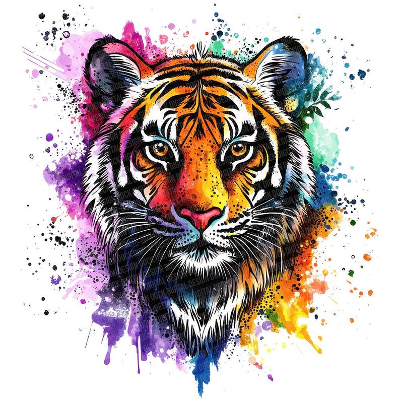 May include: A vibrant watercolor illustration of a tiger's face. The tiger features orange, black, and white stripes, with a pink nose and yellow eyes. The background is a splash of colorful paint, including purple, blue, and yellow.