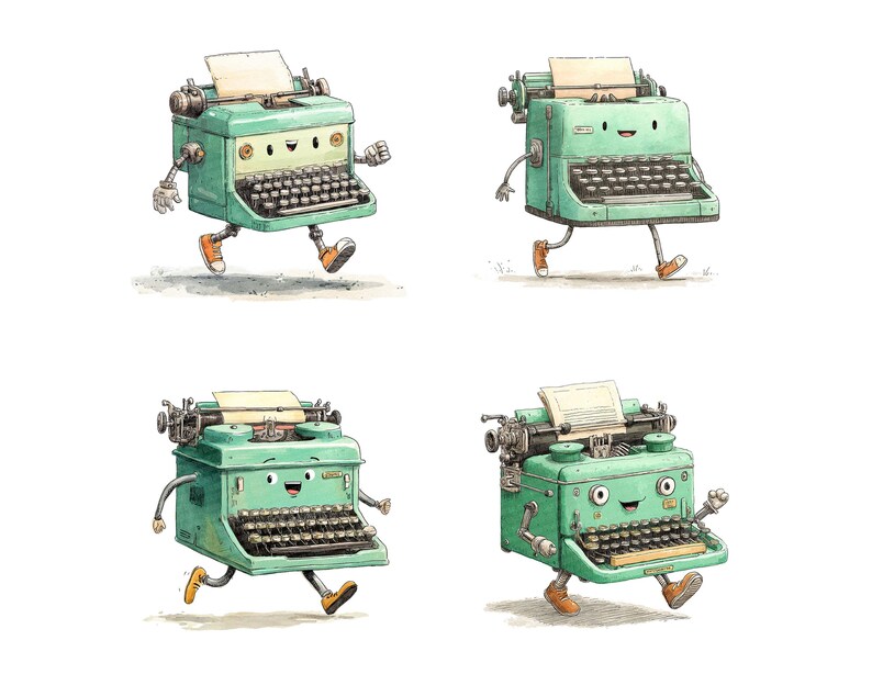 Running Typewriter 12x Typewriter PNG Clipart, Retro Typewriter Character Art Set ...