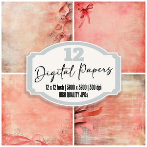 Paquete de 12 papeles digitales con borde de letra vintage y cinta coral, de alta calidad, para diario basura, archivos JPG, fondos florales imprimibles para álbumes de recortes.