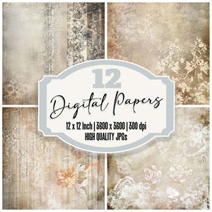 12 x verweerde Lace Florals Junk Journal Paper, Vintage Digital Paper Pack, Aged Lace-achtergronden, Hoge kwaliteit JPG's, Digitale Download