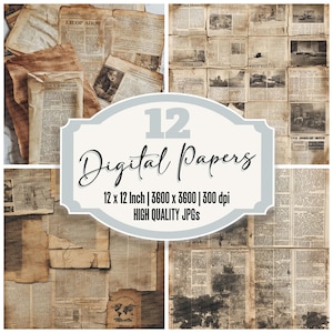 12x Vintage News Junk Journal Paper Digital Paper Pack Aged Newspaper Collage Texture High Quality JPGs Scrapbook Paper Download Fabric Page
