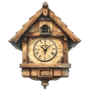 Cuckoo Clock PNG Clipart, 12x Wooden Clock Clip Art Set, Printable Watercolor Clip Art, Paper Crafts,  Digital Download, Junk Journal Bundle