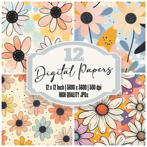 12x Cartoon Daisy Dots Junk Journal Paper Digital Paper Pack High Quality JPGs Printable Scrapbook Paper Pastel Flowers Cute Background