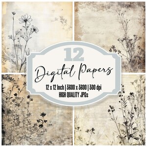12x Scratched Ledger Florals Junk Journal Paper, Vintage Botanical Digital Paper Pack, Aged Lined Backgrounds, Distressed Scrapbook Texture
