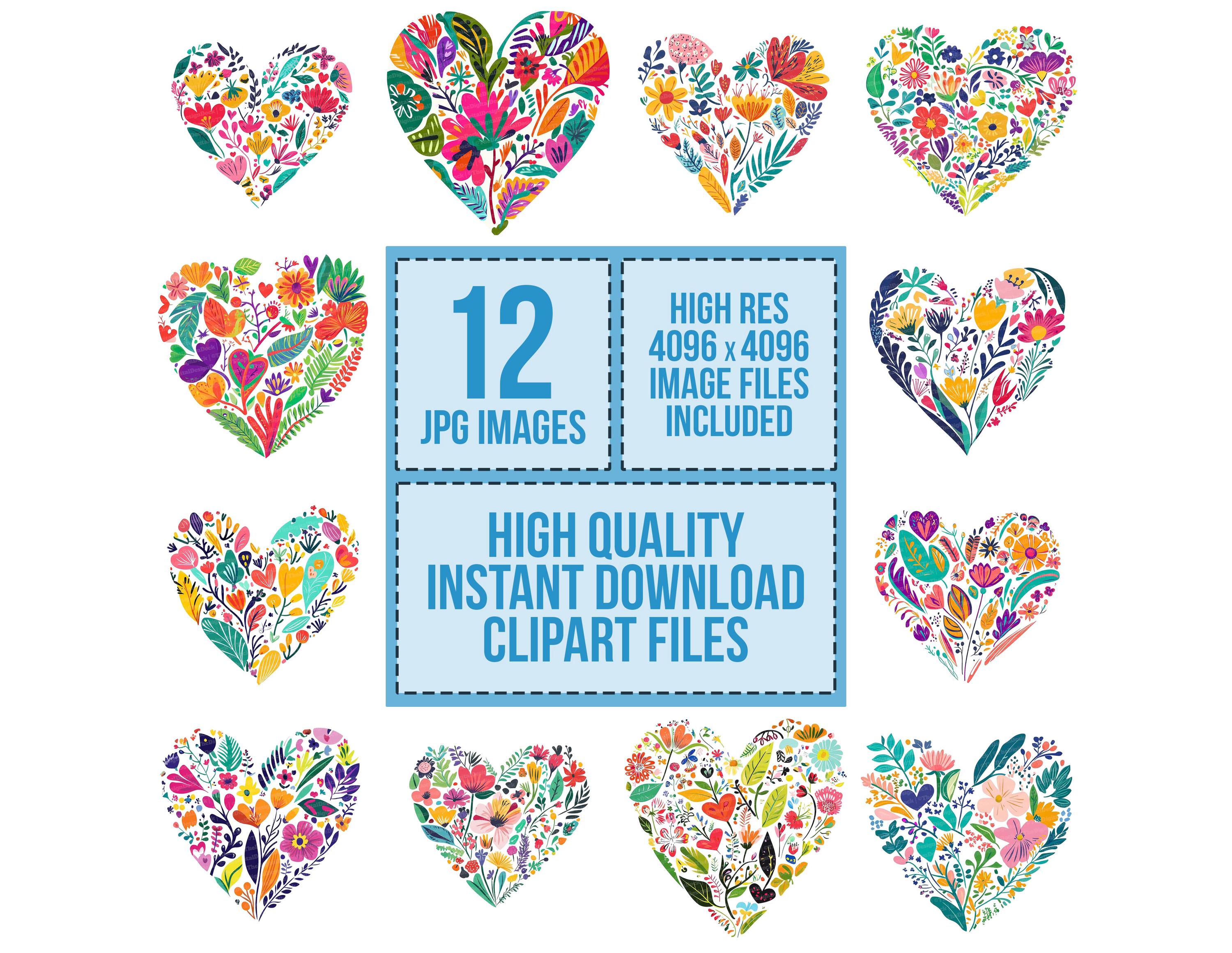 Heart Floral Clipart Set, 12 Vibrant Nature Illustrations, Printable ...