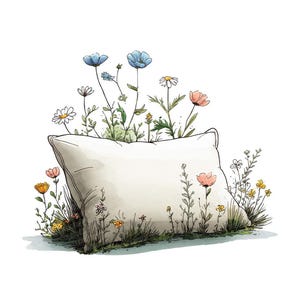 Op de afbeelding: Illustratie van een wit kussen met kleurrijke wilde bloemen die eruit groeien. De bloemen zijn blauw, roze, geel en wit, omringd door groen gras. Het kunstwerk heeft een grillige, handgetekende stijl.